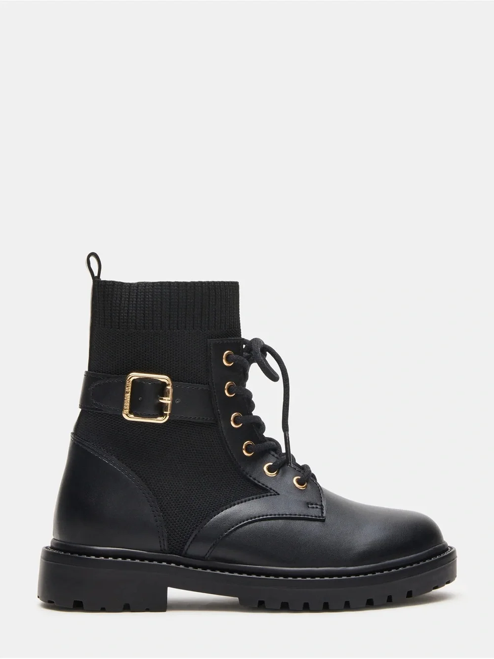 Steve Madden Black Lace-Up Combat Boot with Gold Buckle